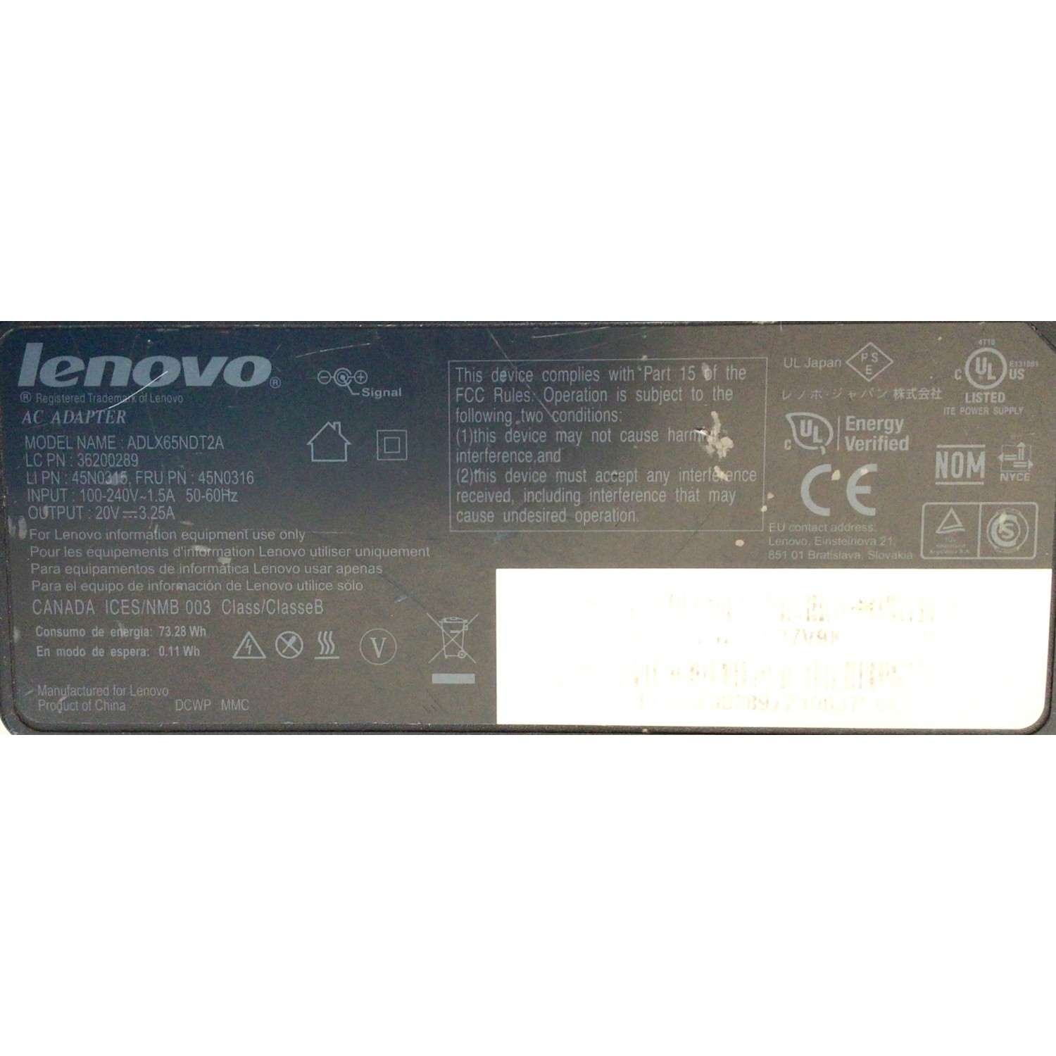 CARGADOR / ADAPTADOR DE FUENTE DE ALIMENTACION LENOVO / NUMERO DE PARTE ADLX65NDT2A / 36200289 / 45N0315 / 45N0316 / 73.28WH / 0.11WH / ENTRADA VCA 100-240V~1.5A(1,5A) / 50-60HZ / SALIDA VCD 20V⎓3.25A(3,25A) / MODELO ADLX65NDT2A - Imagen 4